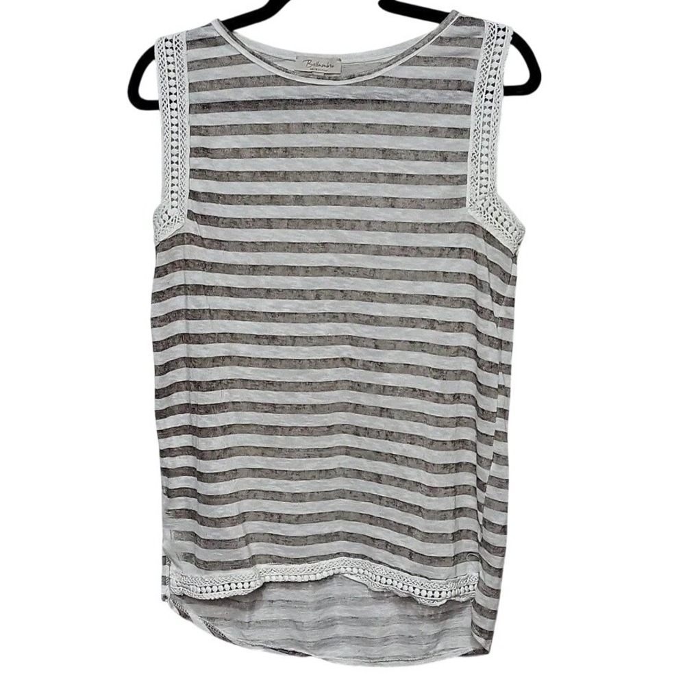 Belusso Striped‎ Tank Top Crochet Trim Sleeveless Casual Blouse